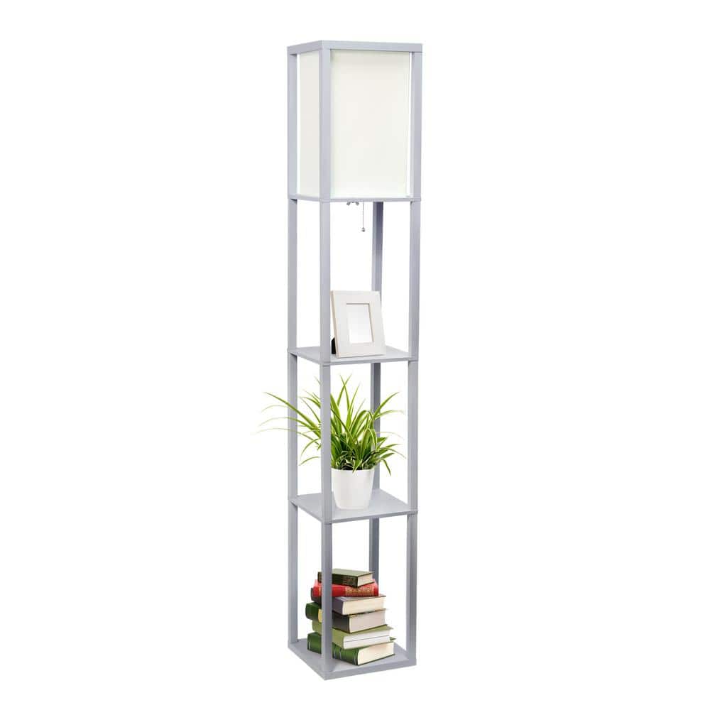Elegant Gray Floor Lamp with Linen Shade and Display Shelves
