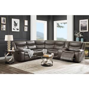 107 Lx 94 W TaupeRound Arm 3-Piece Leather Motion Sectional Sofa in Black