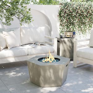 28 in. 40,000 BTU Beige Hexagon Concrete Outdoor Propane Gas Fire Pit Table with Propane Tank Cover