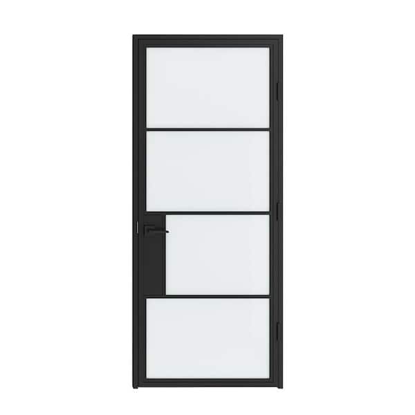 36 in. x 84 in. Right-Handed Matte Black Steel Single Prehung Interior Door with Turn Lock and 4-Lite Frosted Glass