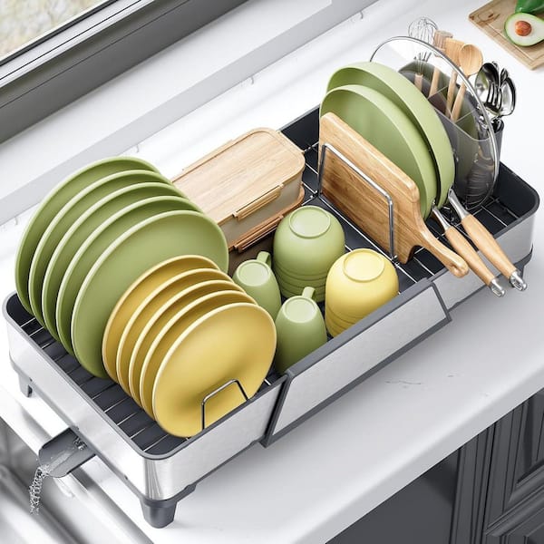 Gray Large Triple Expandable Design, Stainless Steel Sink Organization Dish Rack