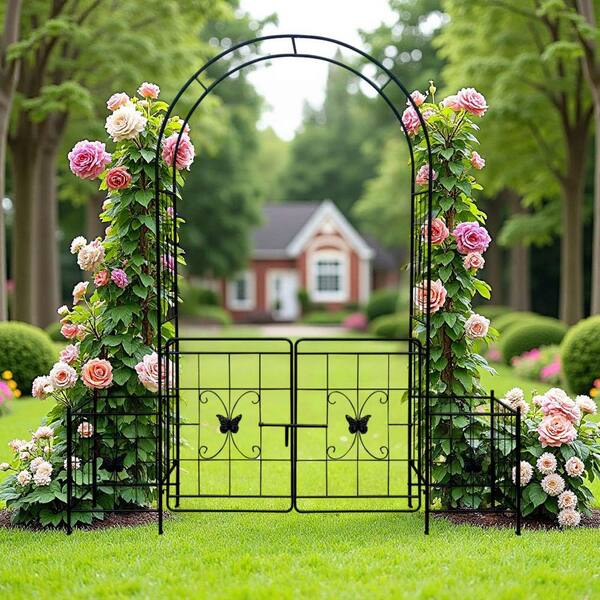 Black 84.6 in. x 78.7 in. Garden Arch Durable Metal Arbor Trellis with ...