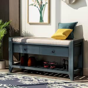 Entryway Blue Storage Bench with Cushioned Seat, Drawers and Shoe Rack 19.8 in. H x 39 in. W x 14 in. D