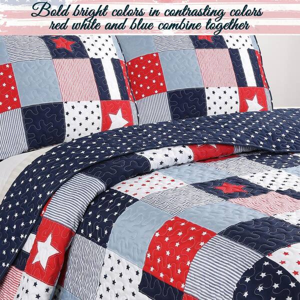 Erosebridal Fishing Bedding,American Flag Bedspread Quilted Twin,Red Blue  Stars Stripes Fish Quilt Set for Kids Boys Teens Man Bedroom,United States