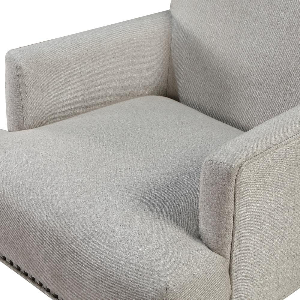 Beige Upholstered Accent Chair with Nailhead Trim and Wood Legs