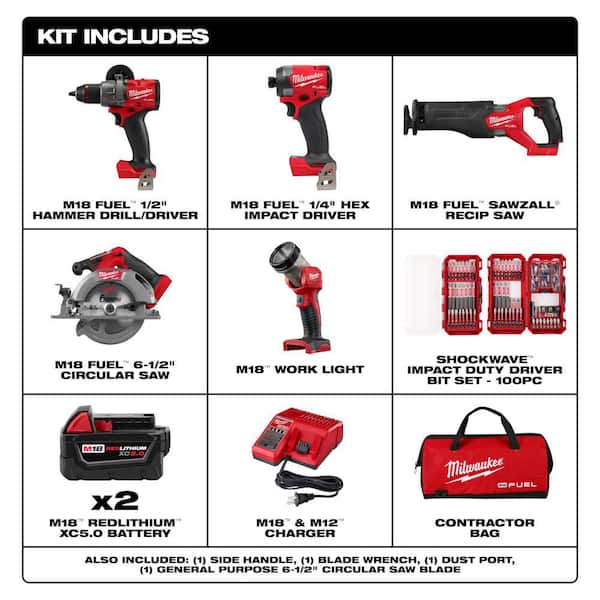 M18 FUEL 18V Li-Ion Cordless Combo Kit (5-Tool) with Two 5.0 Ah Batteries, 1 Charger 1 Tool Bag w/SHOCKWAVE Bit (100-Pc)