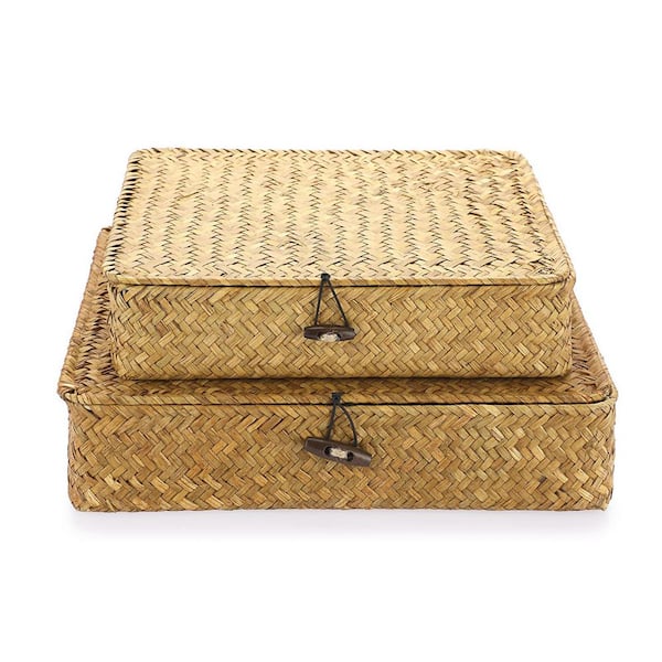 Yellow 2.9 in. x 12.8 in. Woven Seagrass Storage Decorative Basket with Lid, Set of 2