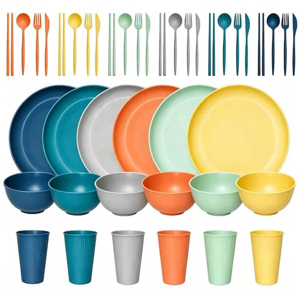 Wudkey 42-Piece Multi-Colored Wheat Straw Dinnerware Sets for 6