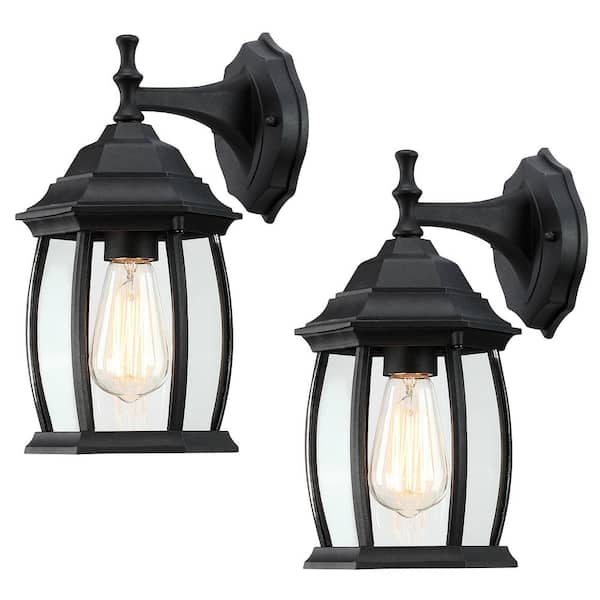 Pia Ricco 1-Light Textured Black Not Solar Outdoor Wall Lantern Sconce with Clear Glass (2-Pack)