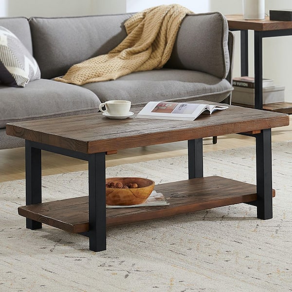 Pomona 42 in. Rustic/Natural Rectangle Wood Top Coffee Table with Shelf