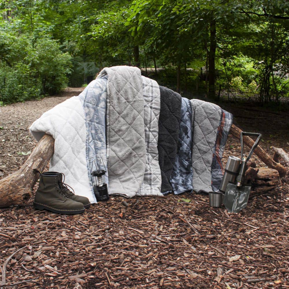 Taupe Plaid Sherpa Reversible Water Resistant Outdoor Throw Blanket