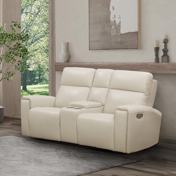 DEVON & CLAIRE Killian Ivory Leather Power Recliner Console Loveseat with Power Headrests