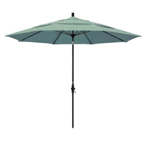 11 ft. Black Aluminum Pole Market Fiberglass Ribs Collar Tilt Crank Lift Outdoor Patio Umbrella in Spa Sunbrella