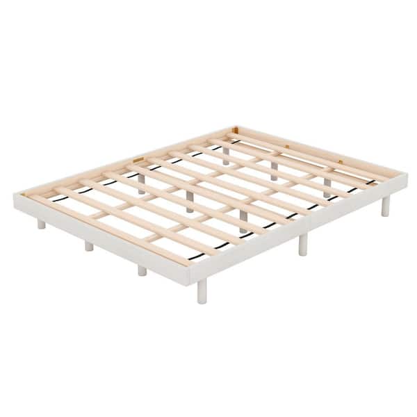 White Washed Wood Frame Queen Size Platform Bed with Slats