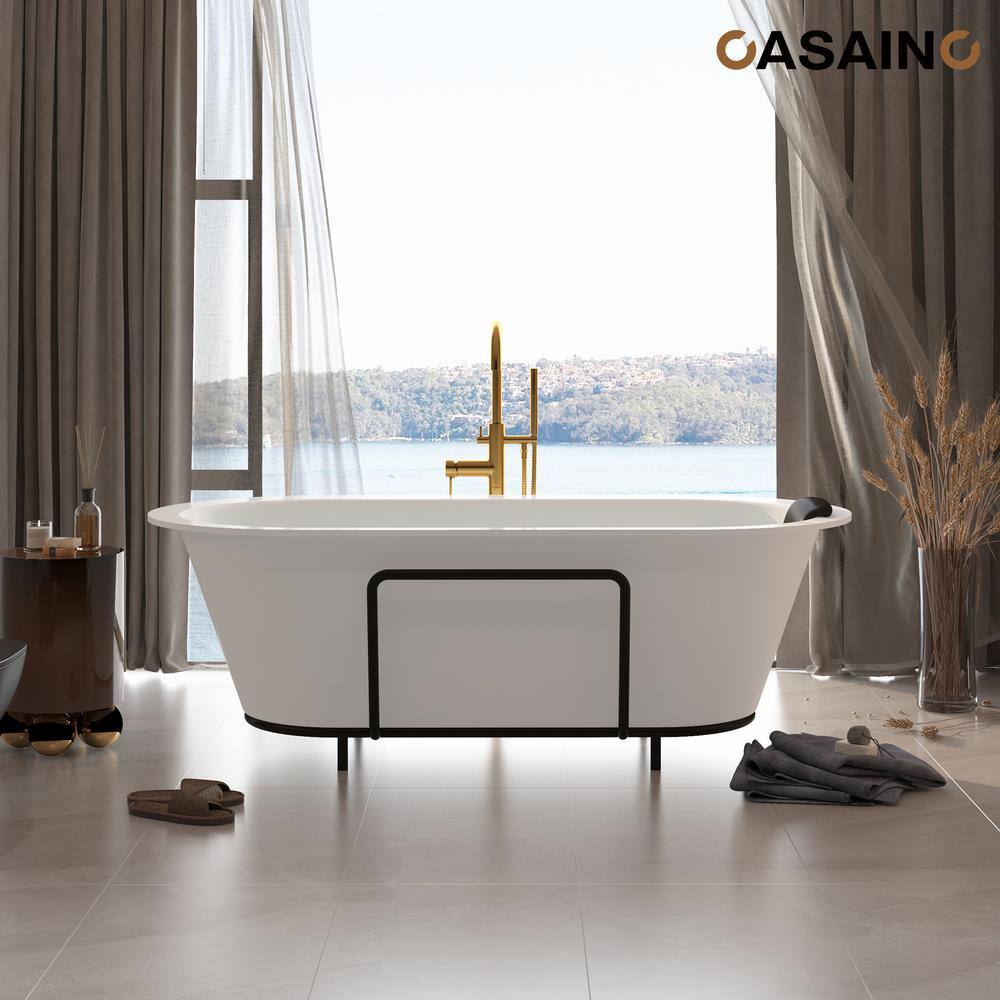 Matte White 67" Freestanding Soaking Bathtub with Black Pillow
