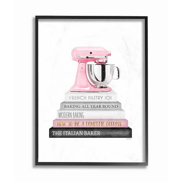 Stupell Industries 16 in. x 20 in. "Grey Pink and Black Fashion Bookstack with Pink Mixer" by Amanda Greenwood Framed Wall Art