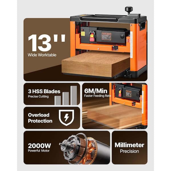 Thickness Planer, Three-Blade 13-In. Width, 2000W 23500 RPM, Dual Rollers, Over Protection, Single Speed Woodworking