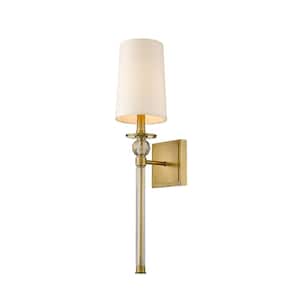 1-Light Rubbed Brass Wall Sconce with Beige Parchment Paper Shade