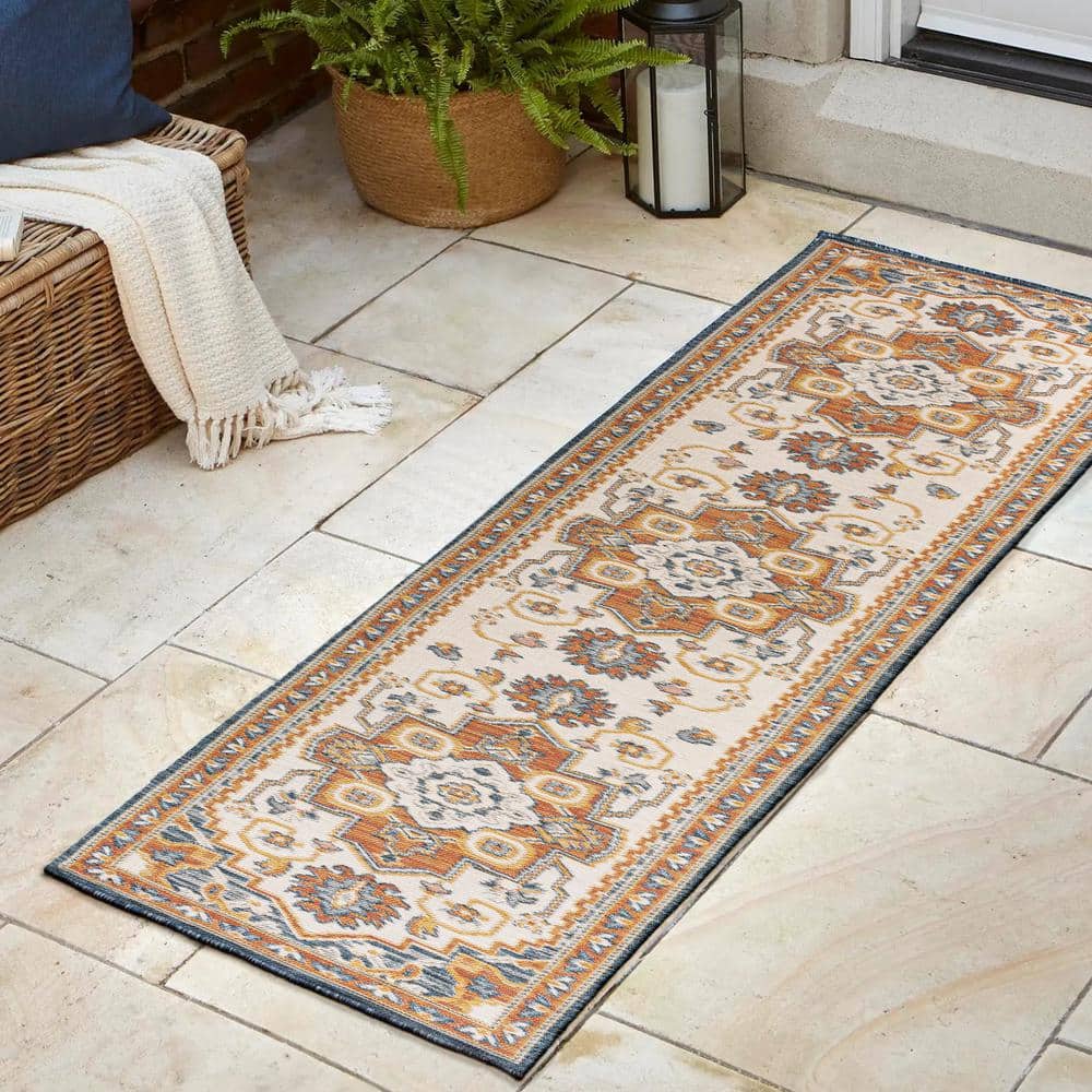 Bijan Traditional Medallion Reversible Machine-Washable Terra/Blue/Cream 2 ft. x 8 ft. Indoor/Outdoor Runner Area Rug price history on PriceWatchPro