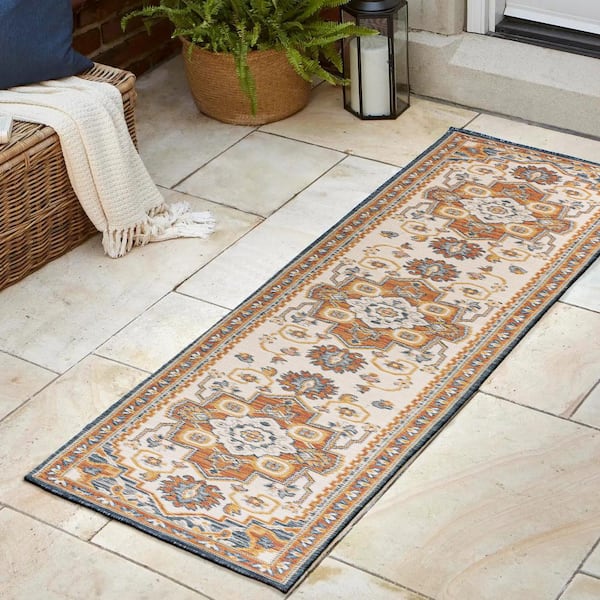 JONATHAN Y Bijan Traditional Medallion Reversible Machine-Washable Terra/Blue/Cream 2 ft. x 8 ft. Indoor/Outdoor Runner Area Rug