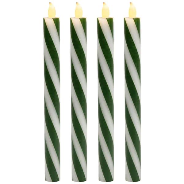 Candy Cane Striped Flickering Tapered Flameless Christmas Candles - 9.5 in. Green and White - Set of 4