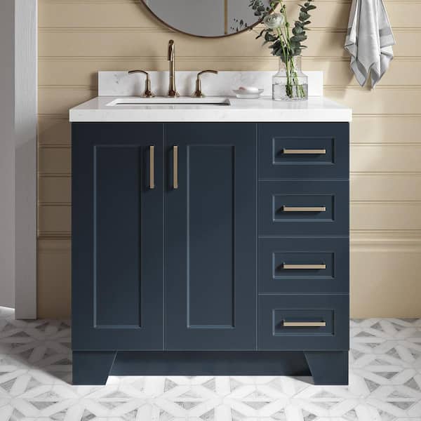 ARIEL Taylor 36.25 in. W x 22 in. D x 36 in. H Single Sink Freestanding Bath Vanity in Midnight Blue with Carrara Quartz Top