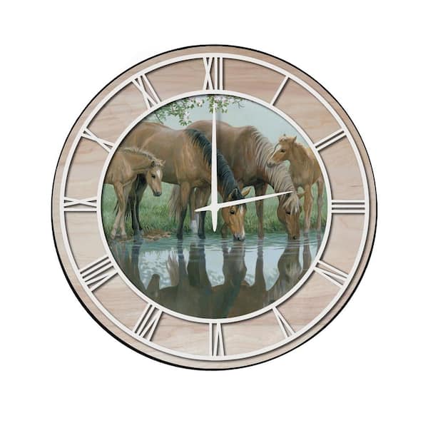 Unbranded "Sweet Spring Horses" Woodgrain Accent and White Numbers Imaged Wall Clock
