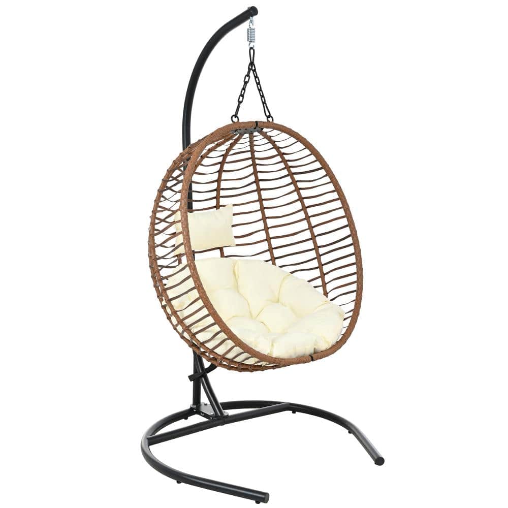 Brown Wicker Patio Swing Chair Folding Egg Chair with Beige Cushions for Balcony and Garden price history on PriceWatchPro