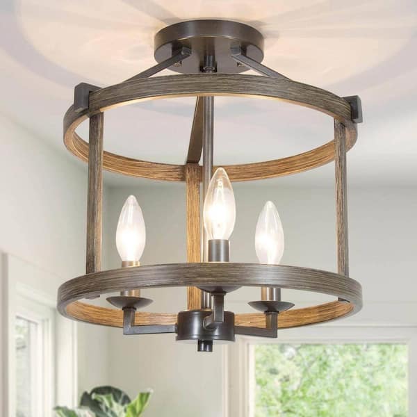 LNC Modern Farmhouse Brown Drum Semi Flush Mount 3-Light Faux Wood Textured Candlestick Bedroom Living Room Ceiling Lighting