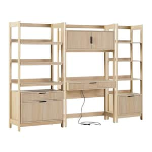 3-Piece Transitional Coastal Oak Reeded 38 in. Hutch-Style Desk with 1 Narrow and 1 Wide Modern Bookcase