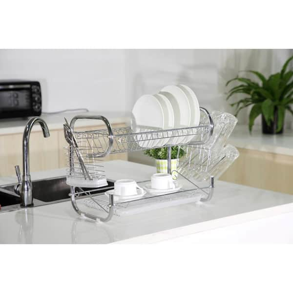 J&V Textiles 18 in. Chrome Stainless Steel 2-Tier Dish Rack with Utensil and Cutting Board Holder for Kitchen Counter