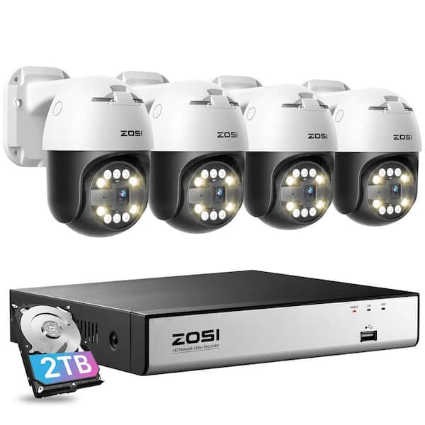 ZOSI 8-Channel 5MP 3K 2TB POE NVR Security System with 4 Wired Outdoor PTZ Cameras, 5X Digital Zoom