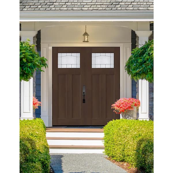 Regency 72 in. x 80 in. 1/4 TopL Empire Deco Glass RHOS Hickory Fiberglass Double Prehung Front Door with 4-9/16 Jamb