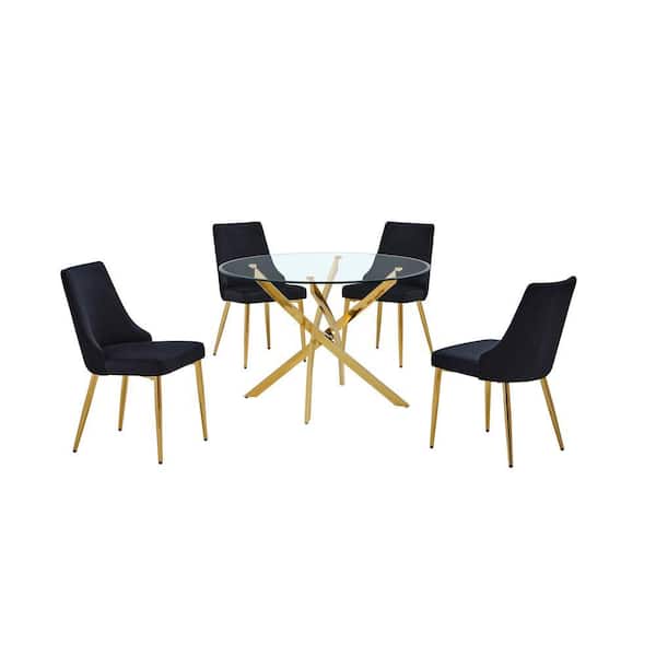 Poly 5-Piece Clear Tempered Glass Top with Gold Chrome Base Dining Set with 4 Black Velvet Chairs