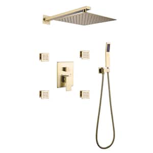 1-Spray Patterns 10 in. Showerhead Face Wall Mounted Dual Shower Heads with Body Jets and Balance Valve in Brushed Gold