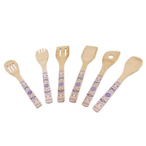 Patterned Bamboo 6-Piece Blue and Orange Utensil Set