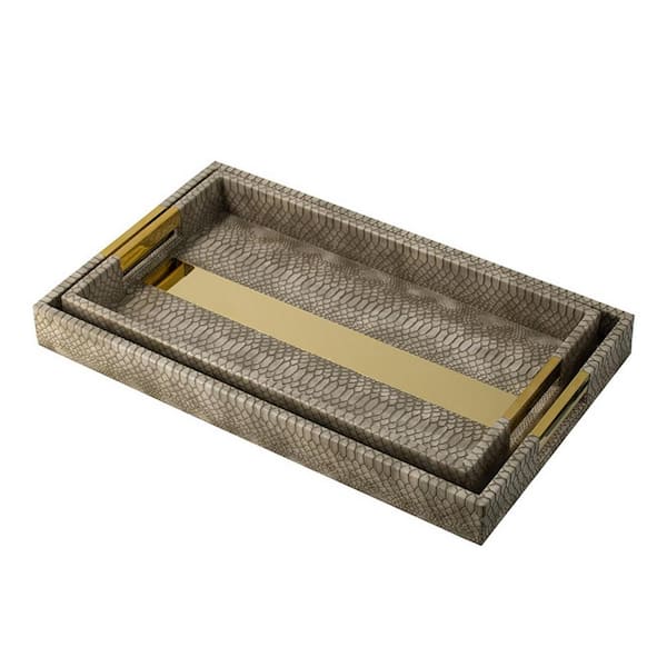 Benjara Brown and Gold Decorative Tray (Set of 2)