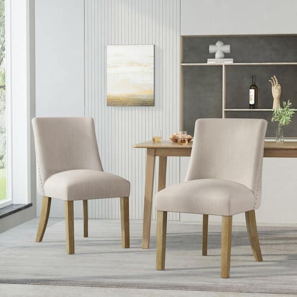 CHRISTOPHER KNIGHT HOME Vaughn Beige and Natural Fabric Upholstered Dining Chairs with Solid Wood Legs (Set of 2)