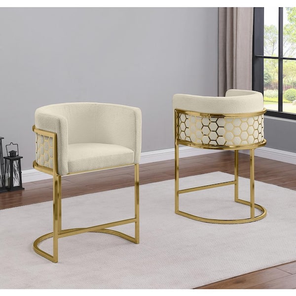 Evan 35.5 in. H Cream Low Back Gold Metal Frame Bar Stool with Teddy Fabric Seat Set of 1