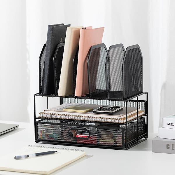 Basics Black 12.2 in. x 12.6 in. Metal Desk Organizer Double Tray and 5 Upright Sections