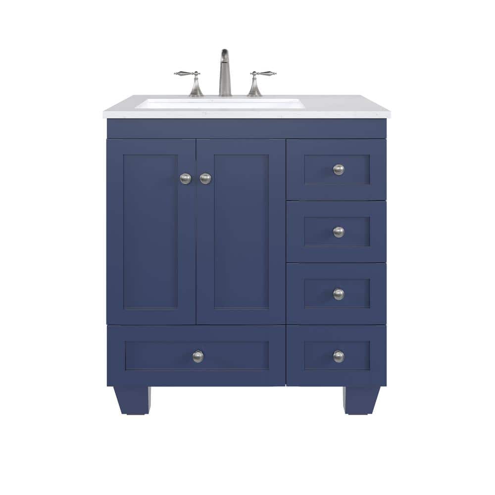 Blue Solid Wood 30" Bathroom Vanity with Carrara Quartz Top