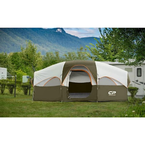 Cesicia Outdoor Double Layer 14 ft. x 9 ft. x 72 in. 8-Person Olive Fabric Camping Tent with 5 Large Mesh Windows