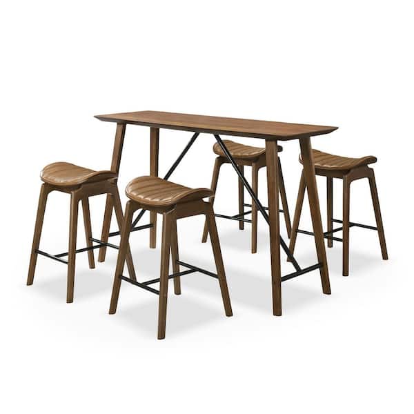 Furniture of America Silin 5-Piece Rectangular Walnut Wood Top Dining Room Set with Trestle Base and Contoured Saddle Seats (Seats 4)