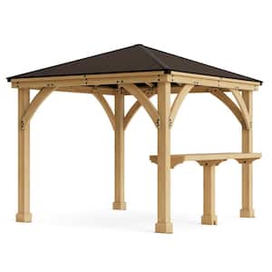 Meridian 10 ft. x 12 ft. Premium Cedar Outdoor Patio Shade Gazebo with a 10 ft. Bar Counter and Brown Aluminum Roof