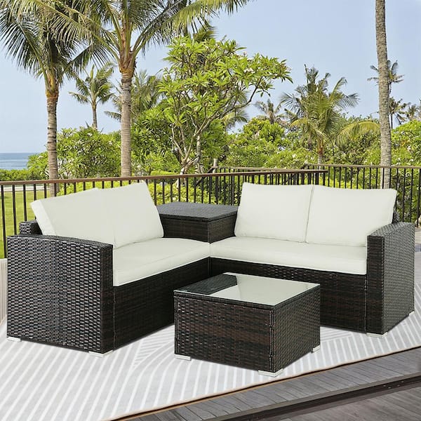 Zeus & Ruta 4 Piece Brown Wicker Outdoor Sectional Sofa Loveseat Set with Beige Cushions Storage Box Glass Top Table