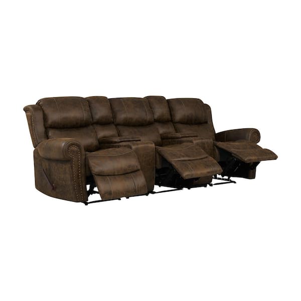 Prolounger Distressed Saddle Brown Faux, Leather Sofa With Two Recliners