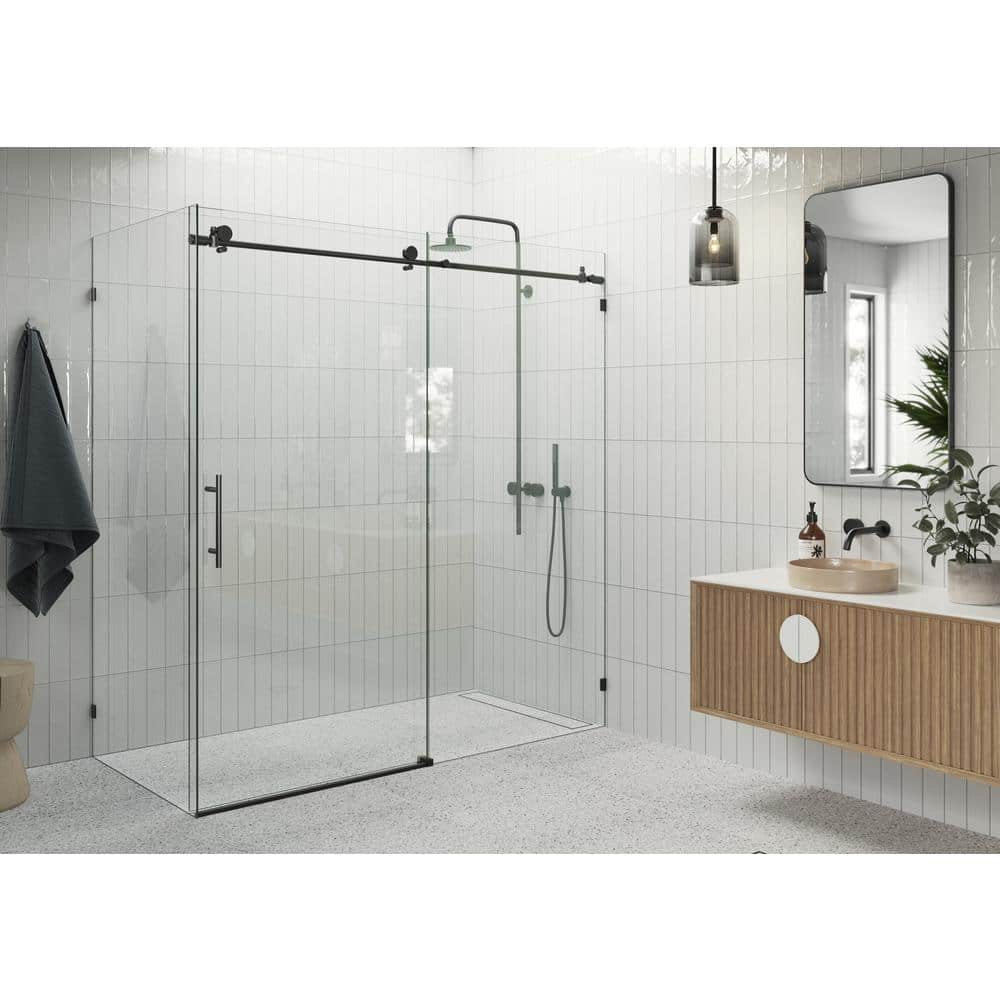 Matte Black Frameless Sliding Glass Shower Enclosure, 78" Height