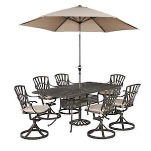 Grenada Taupe Tan 7-Piece Cast Aluminum Rectangular Outdoor Dining Set with Umbrella with Natural Tan Cushions