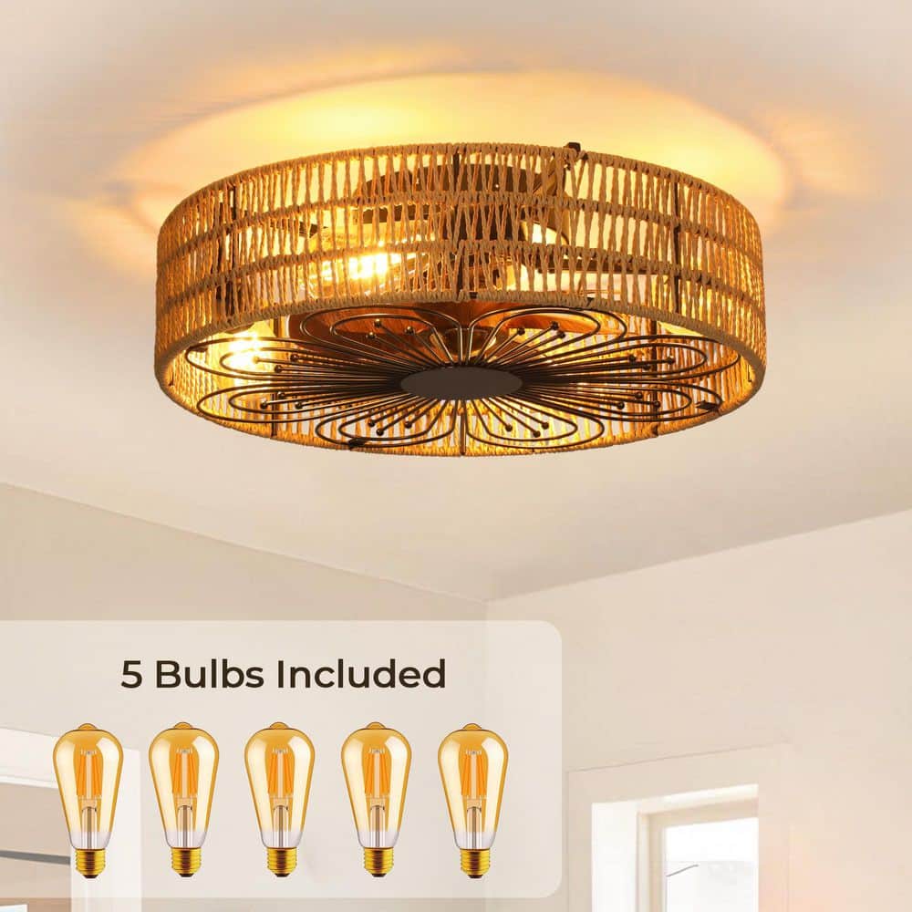 Fan Ger Rpe TOZING 20 in. 4-Light Indoor Farmhouse Brown Low Profile Caged Rope ...