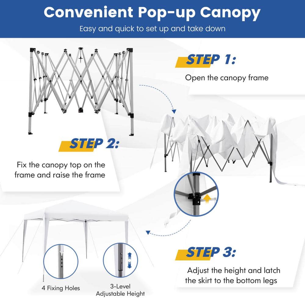 White 10x10 ft Adjustable Height Pop-Up Canopy Tent